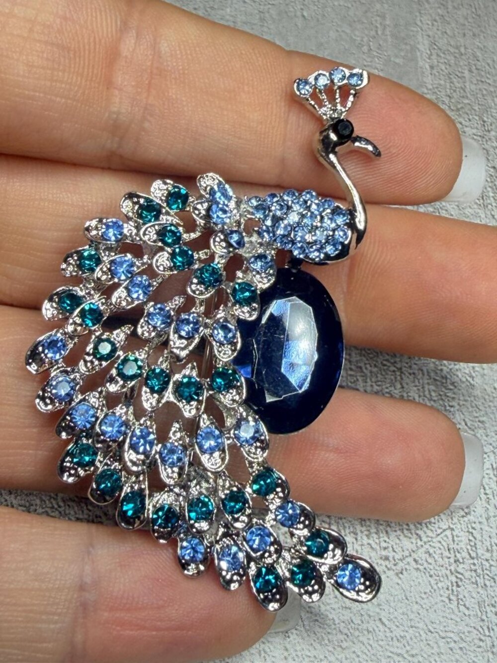 Peacock Brooch Blue Rhinestone  Open Metal Work Body Pin 2.5 inches
